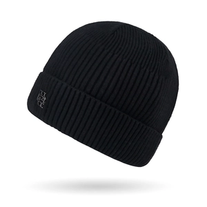 Winter black knit beanie for men with thermal ribbed texture and silver metal logo detail