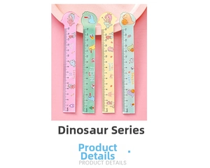 Detail shot of four 15cm cartoon rulers featuring dinosaur and mermaid tops in pastel colors
