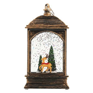 Vintage bronze Christmas lantern with reindeer, snow globe water effect and LED light decor