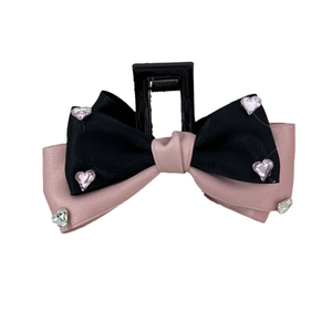 Elegant pink and black satin bow hair claw clip with rhinestones for a sweet hairstyle