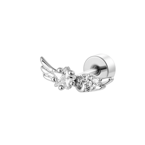Silver angel wing cartilage piercing with micro-set zircon star and round faceted gems
