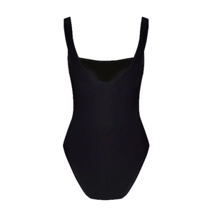 Classic black one-piece swimsuit with square neck and wide straps on white background