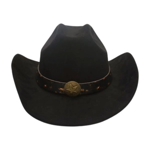 Chapeau de cowboy western noir en daim avec emblème étoile vintage et ruban brun
