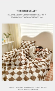 Detail of soft double-sided milk velvet blanket with brown and white checkerboard pattern