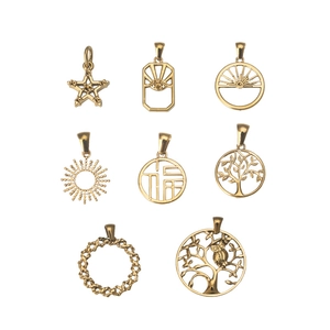 Set of 8 gold stainless steel pendants featuring stars, life tree, and sun designs