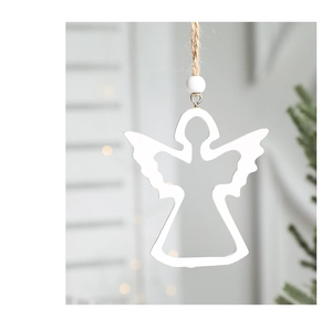 Close-up of a white wooden angel ornament with jute rope and bead for Christmas decor