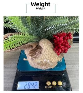 Detail showing the 284.2g weight measurement of a mini Christmas tree with red berries