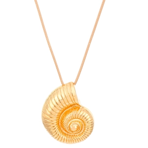 Close-up of golden conch shell pendant featuring detailed spiral texture on a long chain