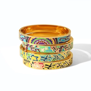 Set of four 18K gold-plated stainless steel enamel bangles with colorful patterns