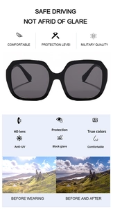 Detail view of large frame black sunglasses showing UV protection and HD polarized lenses