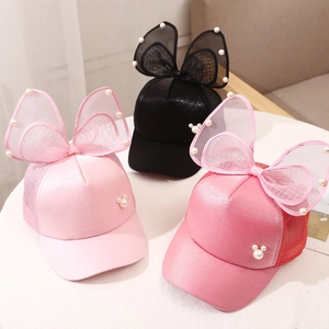 Girls' breathable mesh baseball caps with large mesh bows and pearl decorations