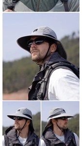 Detail of grey outdoor sun hat with breathable mesh side panels and adjustable chin strap