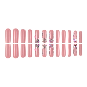 Rose pink long trapezoid press-on nails with rhinestones and heart sequins