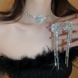 Rhinestone Rose Flower Necklace And Earrings With 925 Sterling Silver Earring Post Elegant Party Accessories For Women