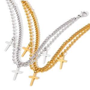 Double-layer stainless steel cross bracelet with cuban and bead chains for a punk style