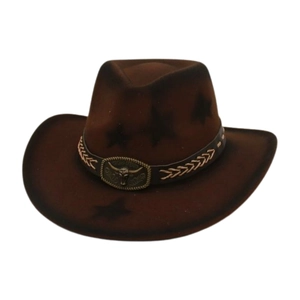 Brown western cowboy hat with embossed stars and a vintage metal bull head buckle