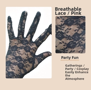 Detailed view of black lace long gloves featuring elegant rose floral mesh patterns