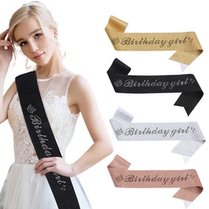 Detail of glitter birthday girl sash set in gold, black, silver and rose gold finishes
