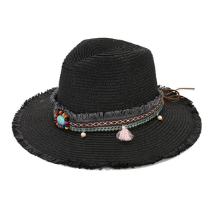 Women's black straw Panama hat with bohemian turquoise bead band and fringe brim