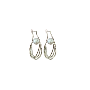 Elegant silver drop earrings with white pearl and sparkling rhinestone chain fringe tassel