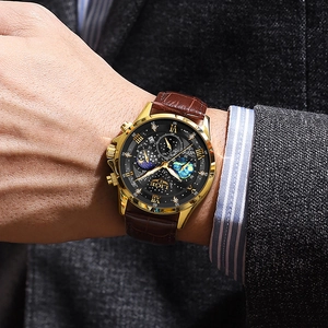 Orologio LIGE uomo al quarzo con cassa dorata, quadrante fasi lunari nero e cinturino in pelle marrone