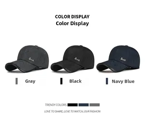Detailed color display of winter baseball caps in grey, black and navy with ear protection