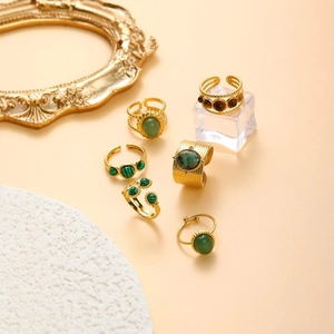 Set of 6 French retro gold plated stainless steel rings with green and brown oval stones