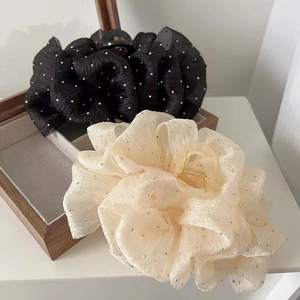 Elegant large floral mesh hair claw clips with rhinestones in black and champagne gold