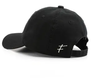 Rear view of black cotton baseball cap showing white embroidery and adjustable metal buckle
