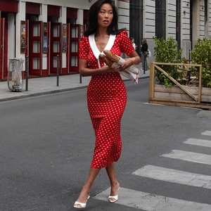 Red Polka Dot Dress White Peter Pan Collar Bodycon Midi Short Sleeve V Neck French Vintage Slim Fit Elegant Women Clothing