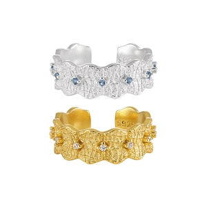 S925 sterling silver hammered texture open rings with blue and white zircon accents