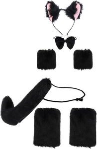 Detailed view of 6-piece black plush cat costume set with ears, paws, bowtie, and long tail