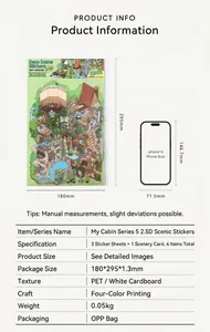 Detailed spec sheet for 2.5D dollhouse stickers set with product size comparison