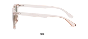 Side view of champagne square glasses frame with silver metal hinges and size marking