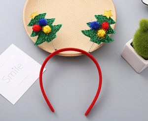 Detail of Christmas tree headband with red sequins, spring design and soft plush pom-poms