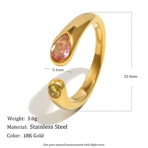 18K gold plated stainless steel snake head open ring with pink and yellow zircons