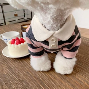 Polo a righe rosa e grigie per cani con colletto bianco per piccoli animali e gatti