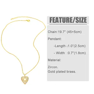 Detail view of heart pendant dimensions and zircon inlay on gold plated brass chain