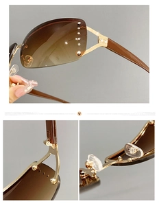 Detail of Y2K rimless sunglasses featuring brown gradient lenses and rhinestone accents