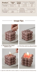Detailed guide showing size specs and step-by-step usage of rose bear scented candles