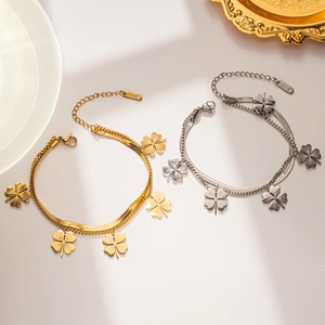 European Trendy Clover Charm Double Layer Bracelet Fashion Titanium Steel Gold Silver Plated Snake Chain Bracelet For Women Jewelry