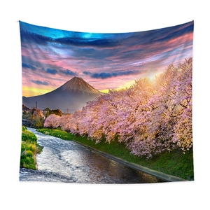 Detail showing high-quality print of Mount Fuji and cherry blossoms on bohemian tapestry
