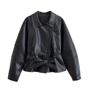 Women's black faux leather PU jacket with waist belt and long sleeves on white background