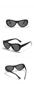 Three perspectives of black oval thick frame sunglasses with dark grey lenses and wide temples