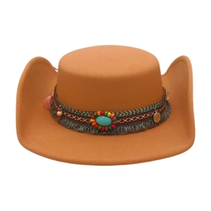 Orange-brown wool felt western cowboy hat with ethnic beads and turquoise detail
