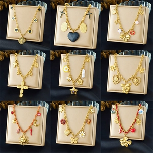 Stainless Steel Gold Plated Charm Necklace Women Cross Heart Star Flower Butterfly Evil Eye Religious Pendants Vintage Chic
