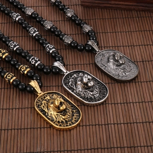 Lion head pendants in gold, silver, and bronze on black beaded necklaces for men
