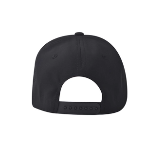 Detail of solid black baseball cap featuring an adjustable plastic snapback closure