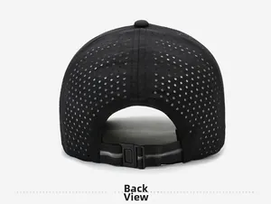 Detail view of breathable laser-cut holes and adjustable strap on back of sports baseball cap