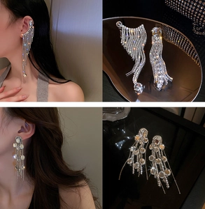Close-up of sparkling silver tassel earrings with micro-set rhinestones and long fringes